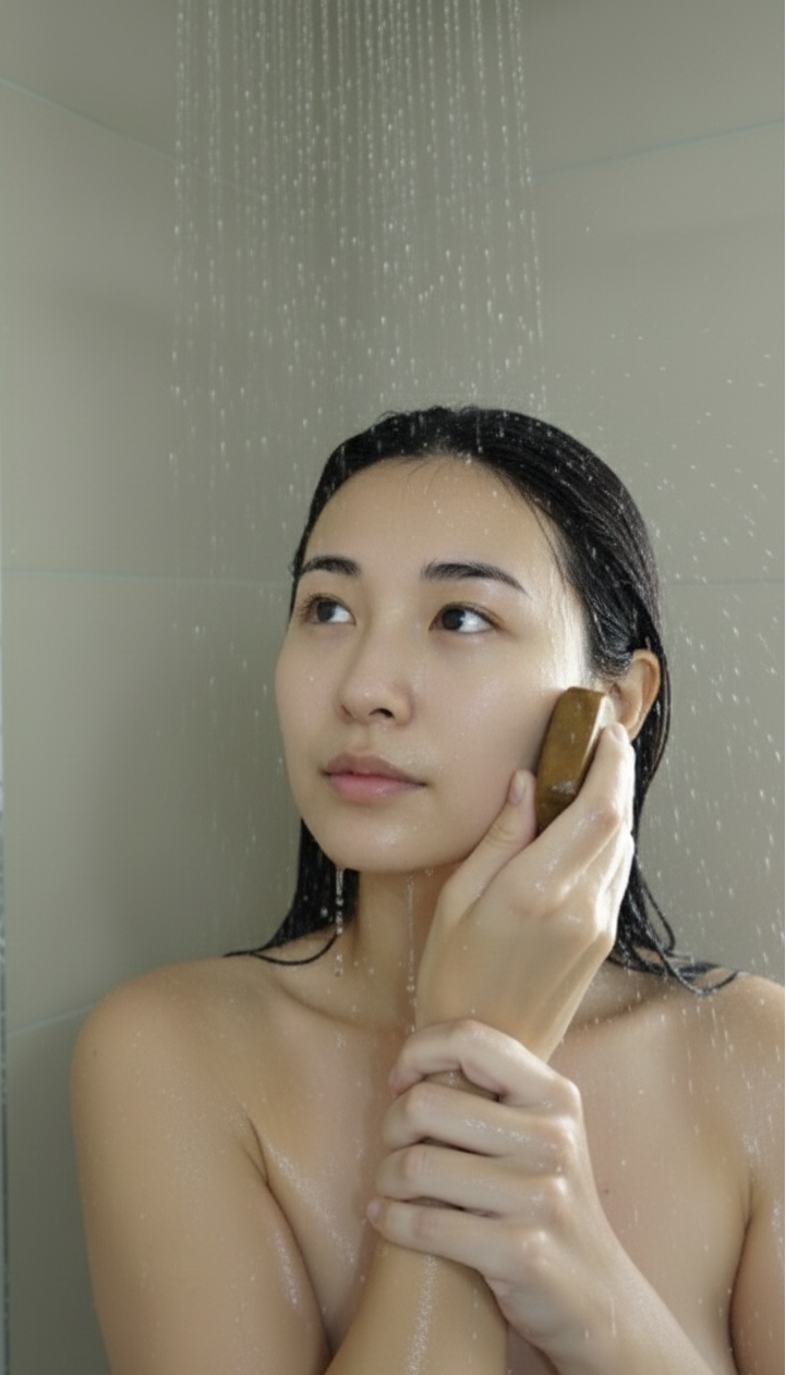 Woman washing her face with a brush under a shower