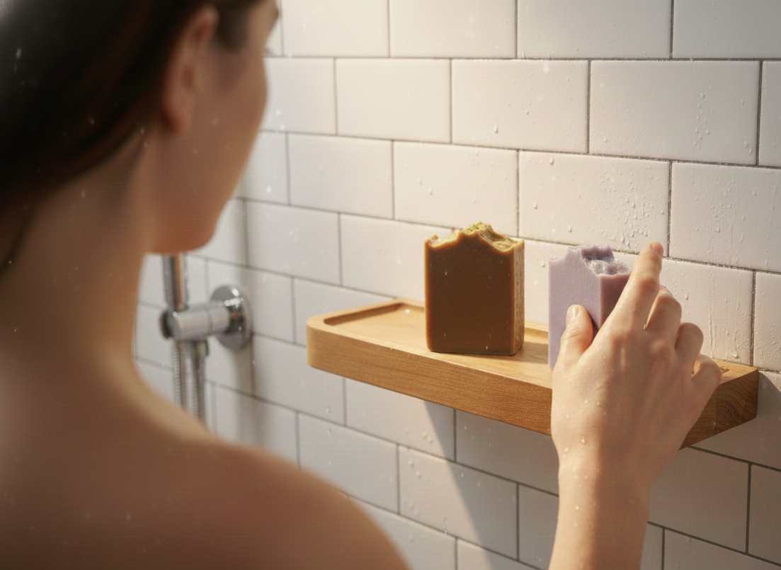 Person selecting soap from a wooden tray in a bathroom with white tiled walls.