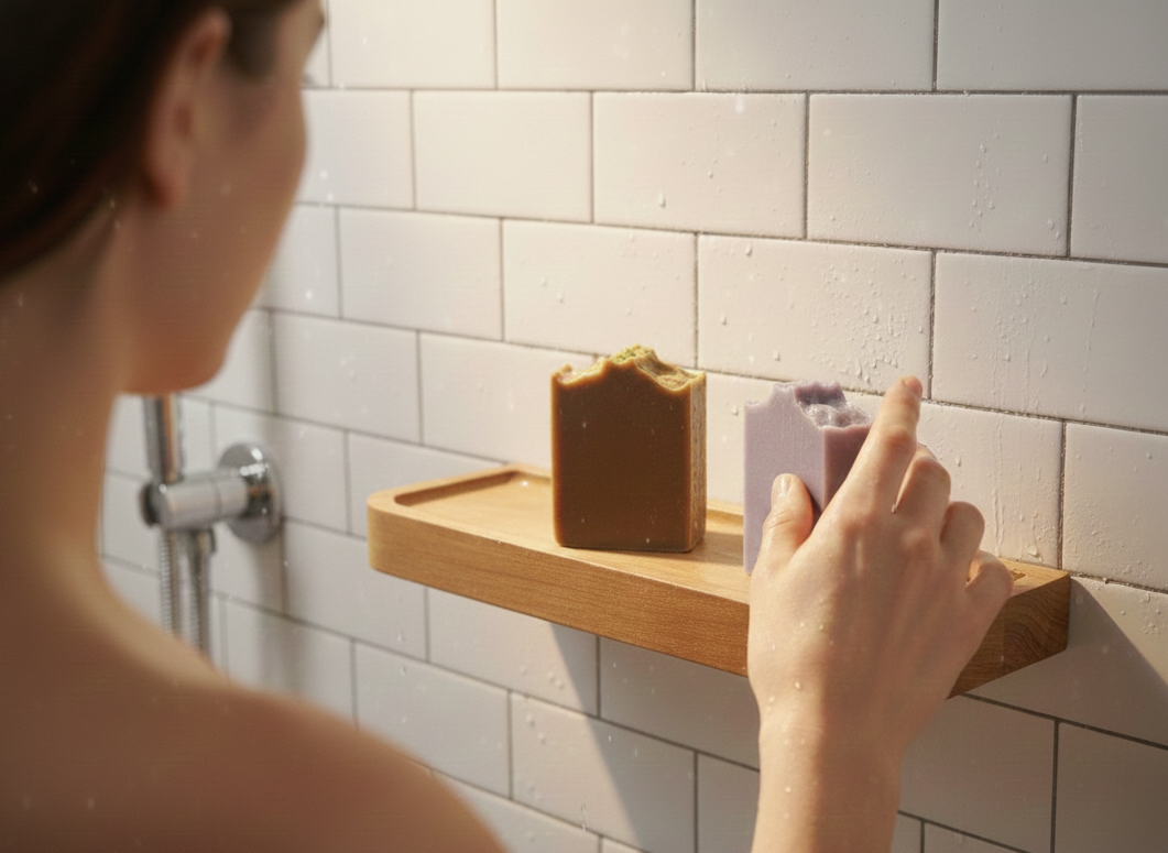 Person selecting soap from a wooden tray in a bathroom with white tiled walls.